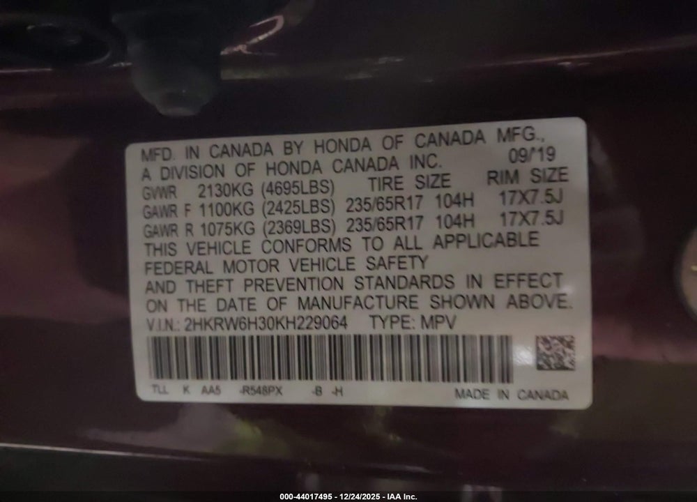 2019 HONDA CR-V LX VIN: 2HKRW6H30KH229064