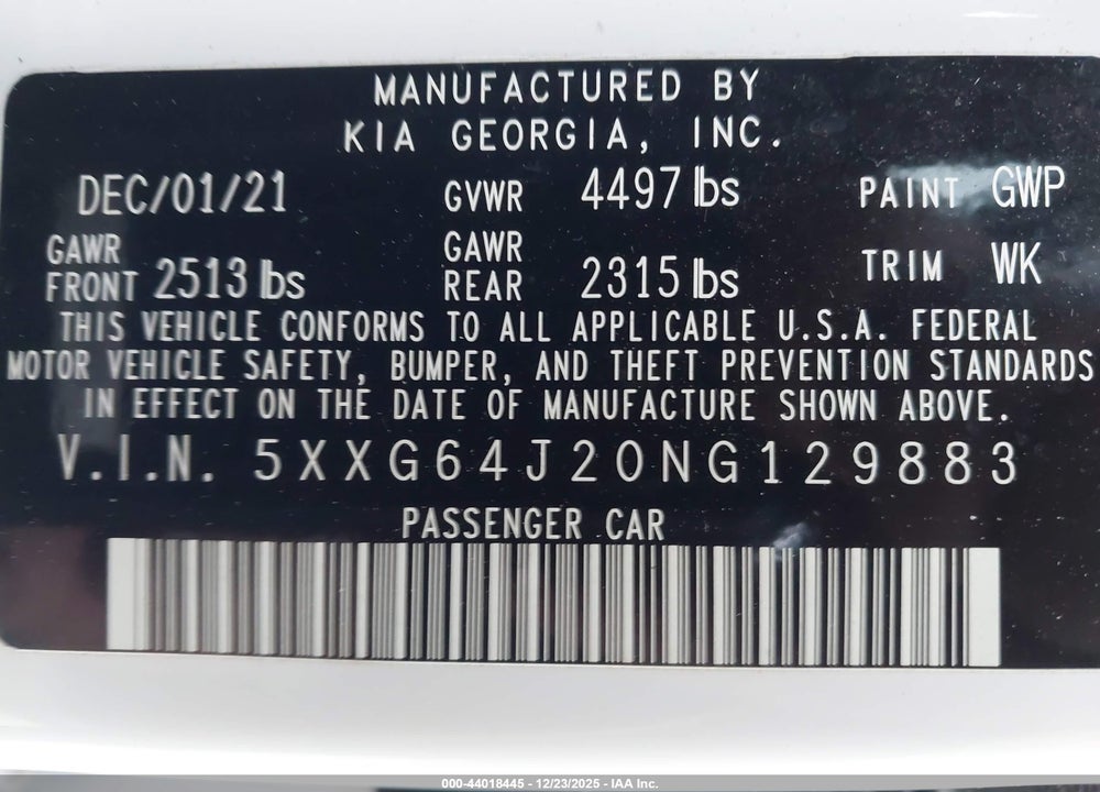 2022 KIA K5 GT-LINE VIN: 5XXG64J20NG129883