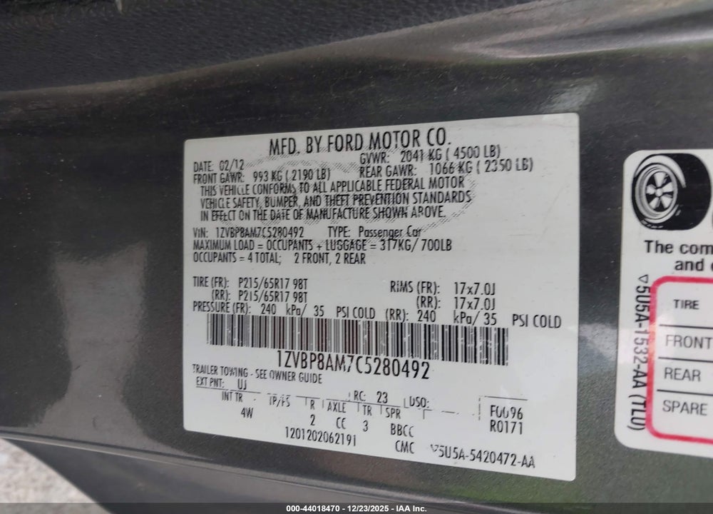 2012 FORD MUSTANG V6 PREMIUM VIN: 1ZVBP8AM7C5280492