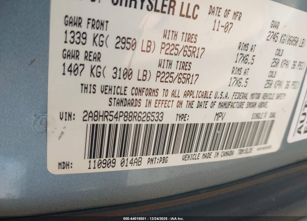 2008 CHRYSLER TOWN & COUNTRY TOURING VIN: 2A8HR54P88R626533