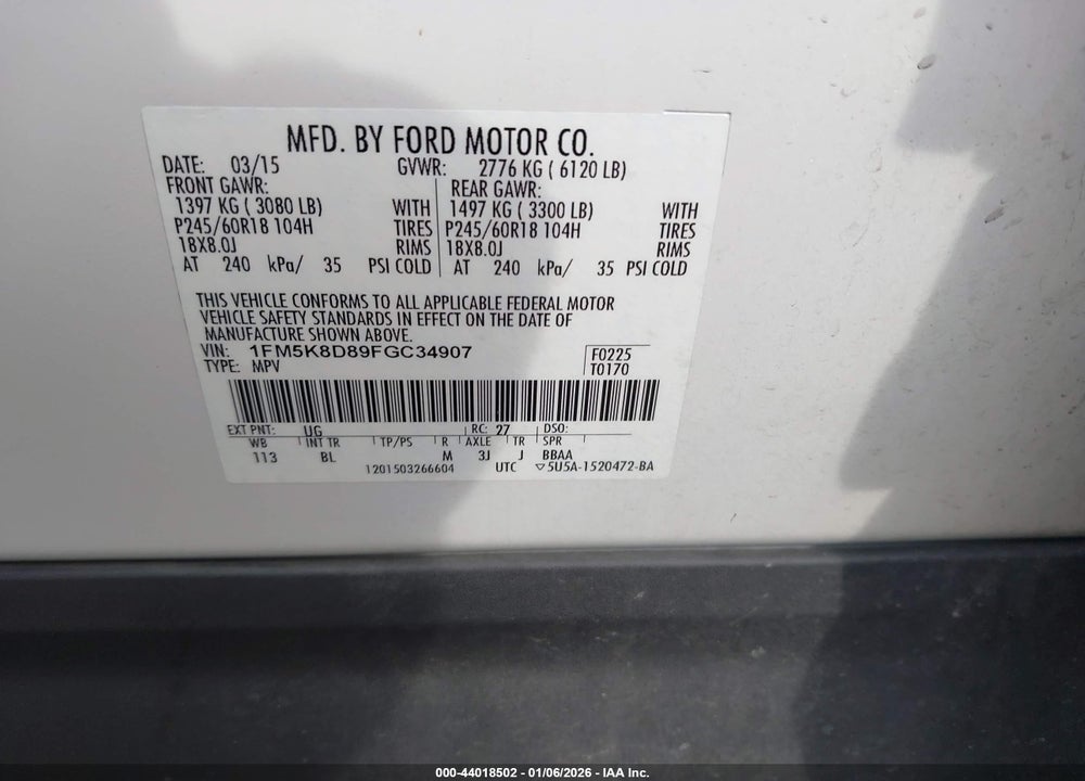 2015 FORD EXPLORER XLT VIN: 1FM5K8D89FGC34907