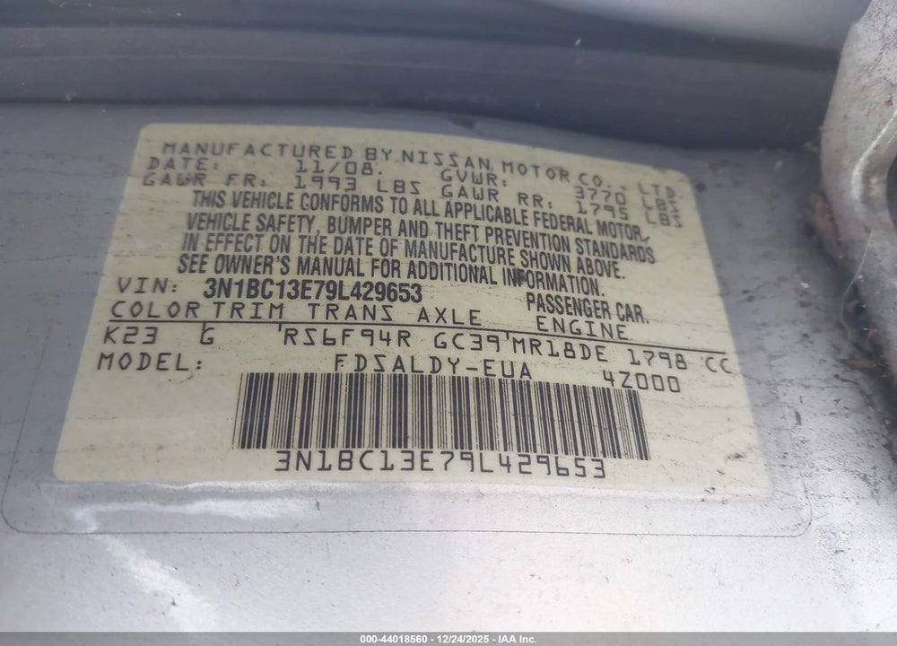 2009 NISSAN VERSA 1.8S VIN: 3N1BC13E79L429653