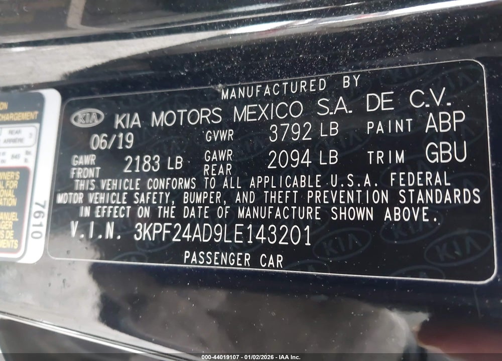 2020 KIA FORTE LXS VIN: 3KPF24AD9LE143201