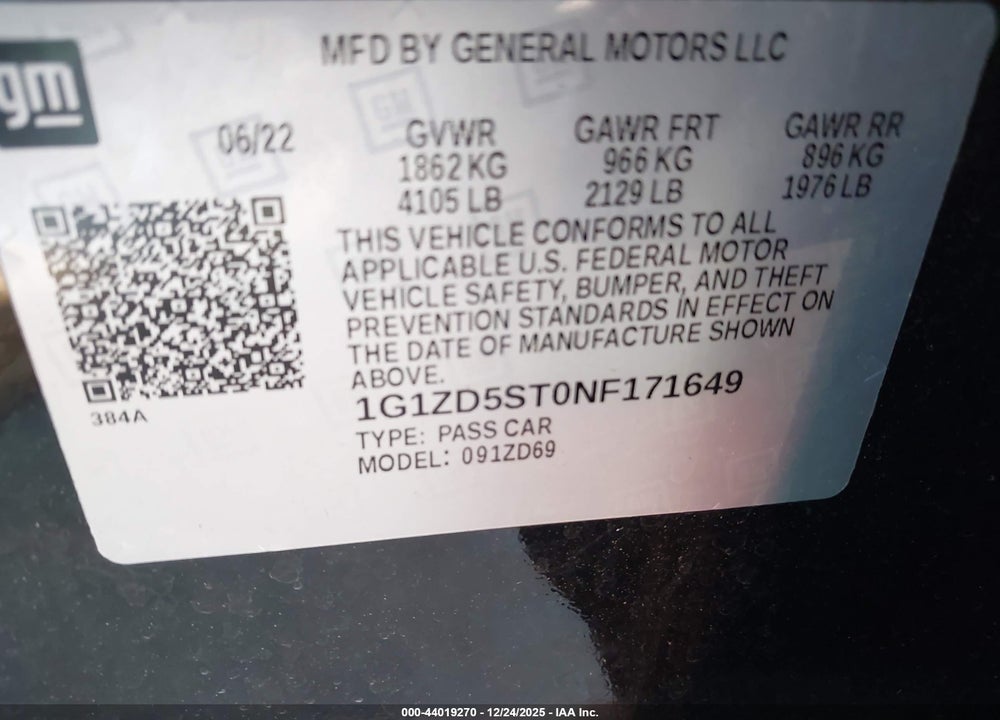 2022 CHEVROLET MALIBU FWD LT VIN: 1G1ZD5ST0NF171649
