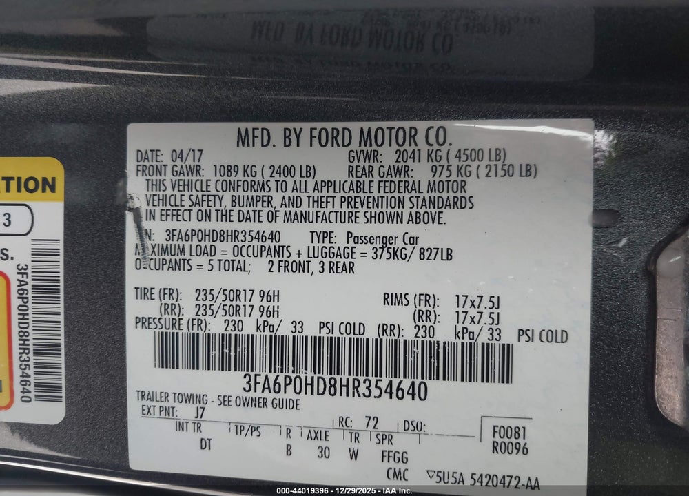 2017 FORD FUSION SE VIN: 3FA6P0HD8HR354640