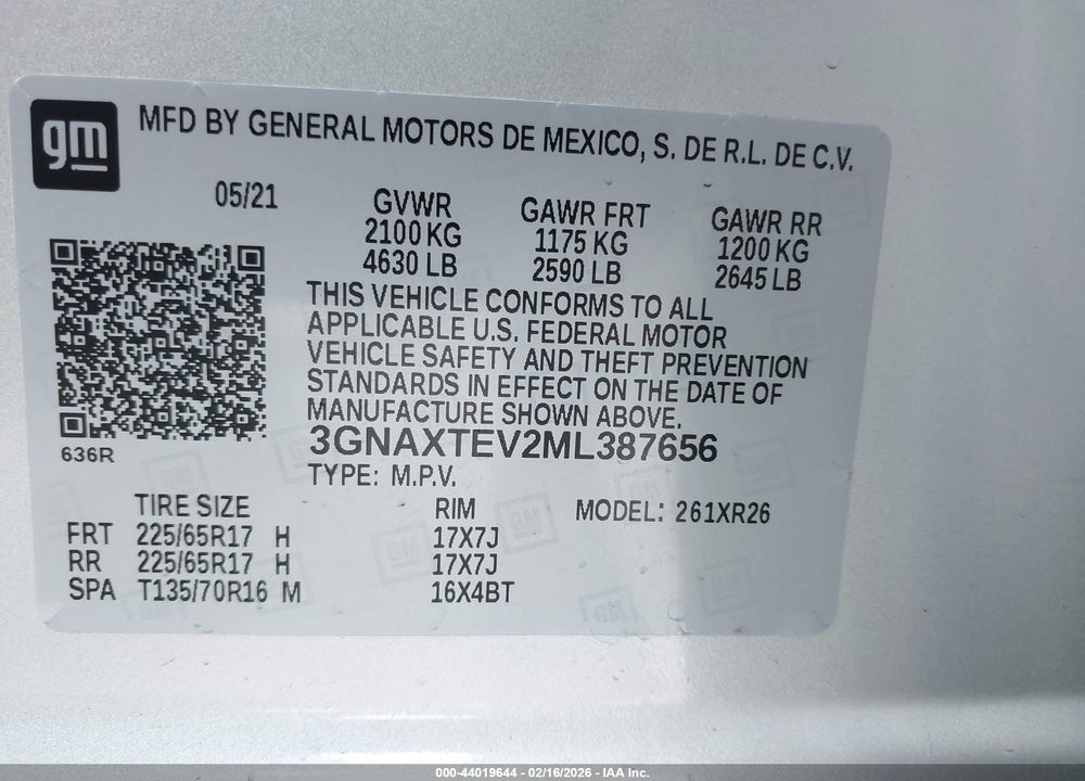 2021 CHEVROLET EQUINOX AWD 2FL VIN: 3GNAXTEV2ML387656