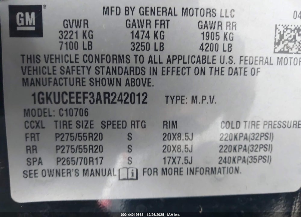 2010 GMC YUKON DENALI VIN: 1GKUCEEF3AR242012