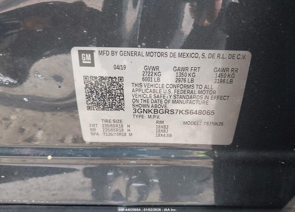 2019 CHEVROLET BLAZER VIN: 3GNKBGRS7KS648065