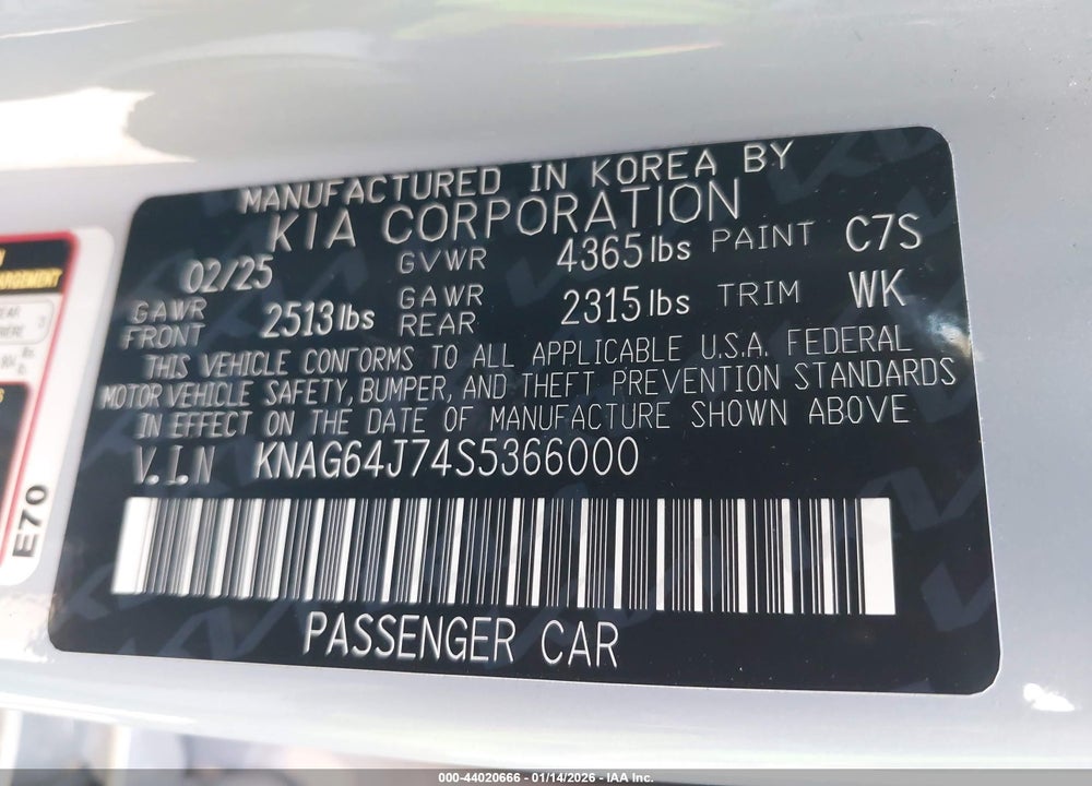 2025 KIA K5 GT-LINE VIN: KNAG64J74S5366000