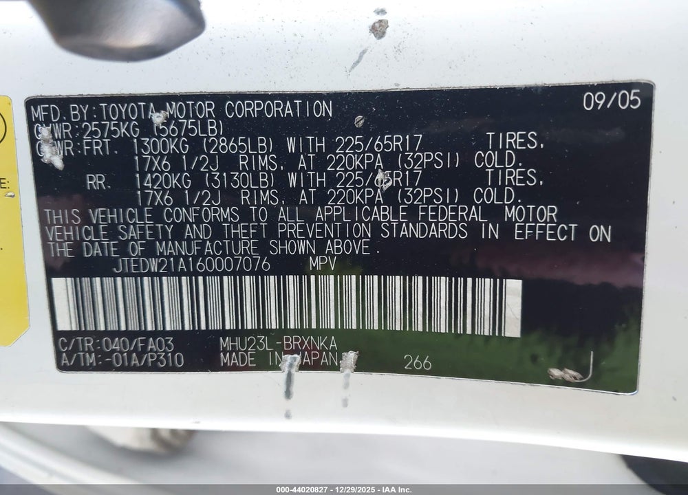 2006 TOYOTA HIGHLANDER HYBRID V6 VIN: JTEDW21A160007076