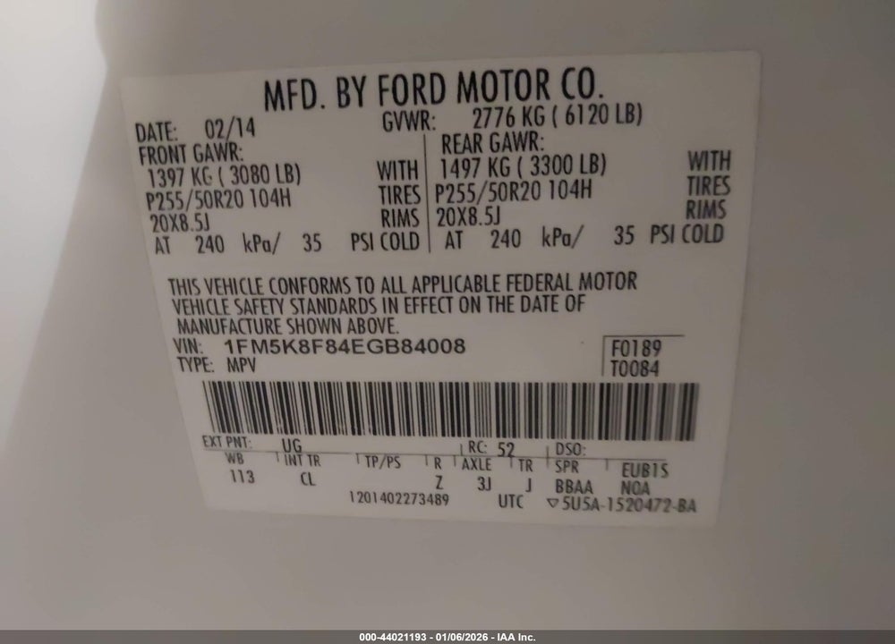 2014 FORD EXPLORER LIMITED VIN: 1FM5K8F84EGB84008