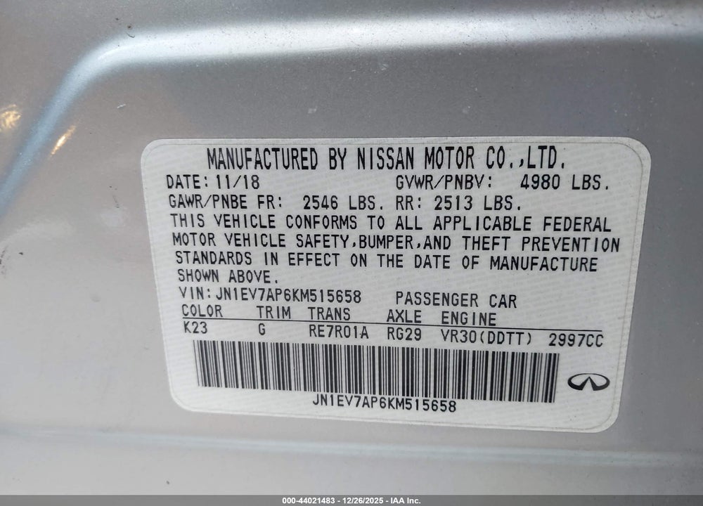 2019 INFINITI Q50 3.0T LUXE VIN: JN1EV7AP6KM515658