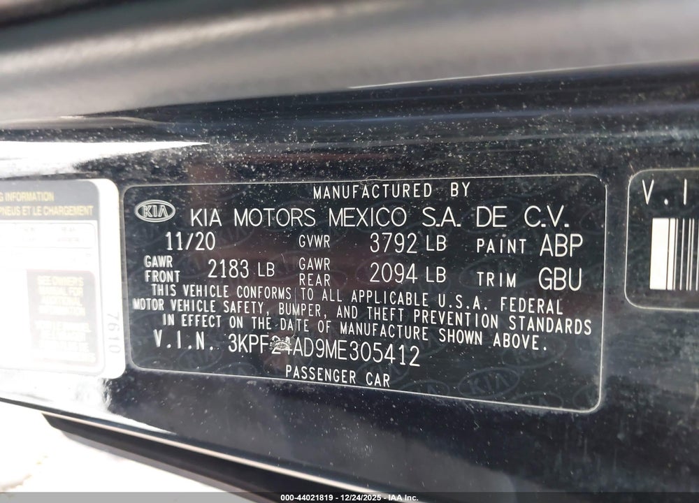 2021 KIA FORTE LXS VIN: 3KPF24AD9ME305412