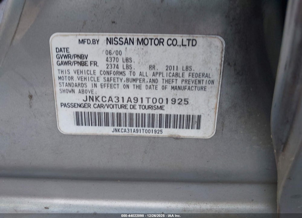 2001 INFINITI I30 LUXURY VIN: JNKCA31A91T001925