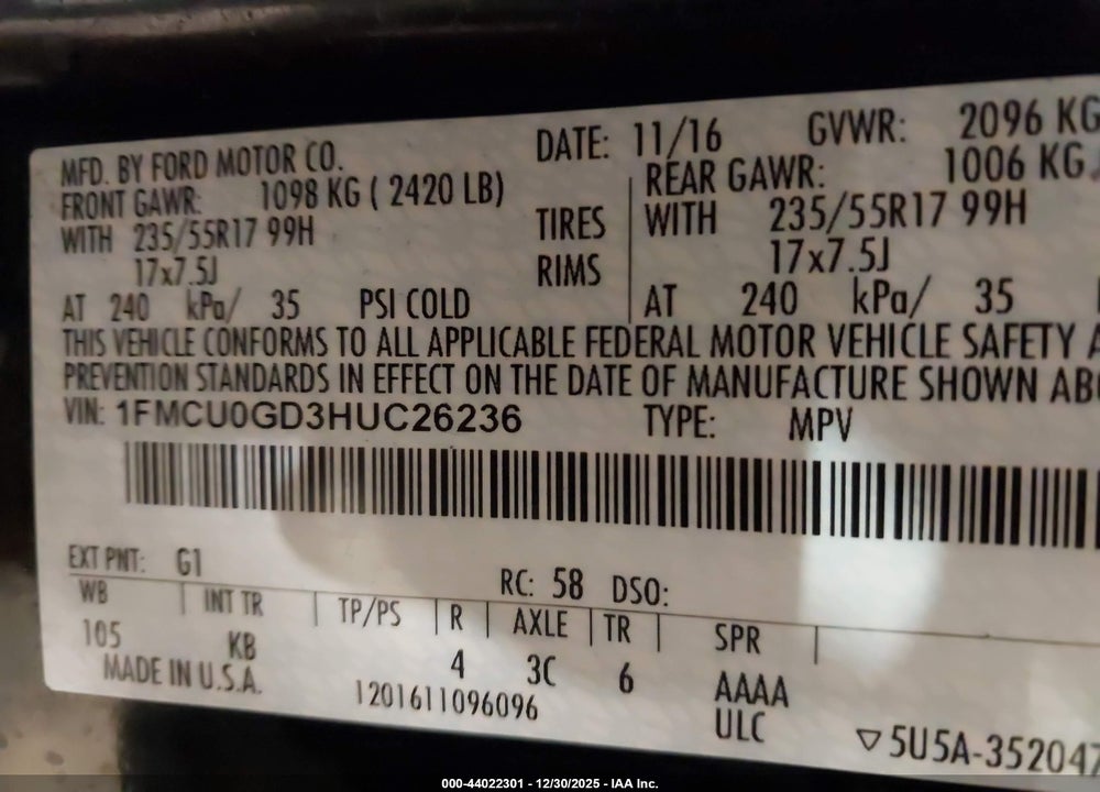 2017 FORD ESCAPE SE VIN: 1FMCU0GD3HUC26236