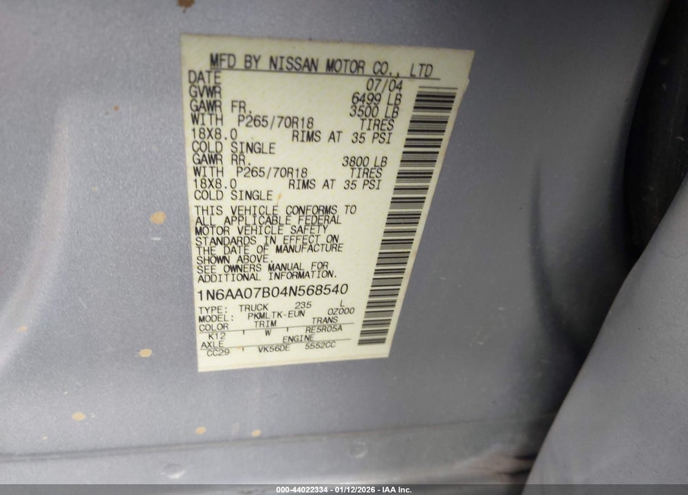 2004 NISSAN TITAN SE VIN: 1N6AA07B04N568540