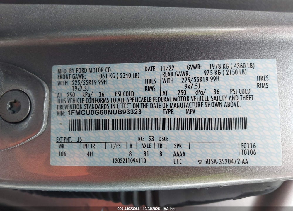2022 FORD ESCAPE SE VIN: 1FMCU0G60NUB93323