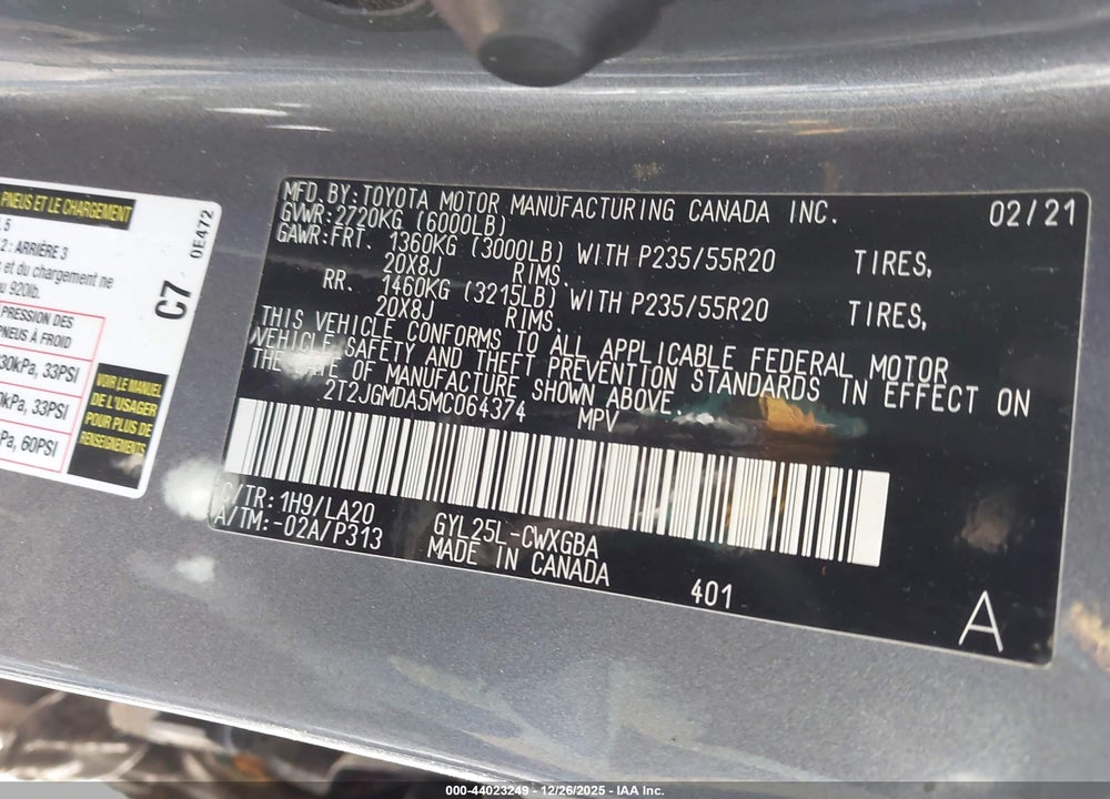 2021 LEXUS RX 450H VIN: 2T2JGMDA5MC064374