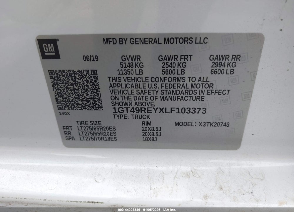 2020 GMC SIERRA 2500HD 4WD  STANDARD BED DENALI VIN: 1GT49REYXLF103373