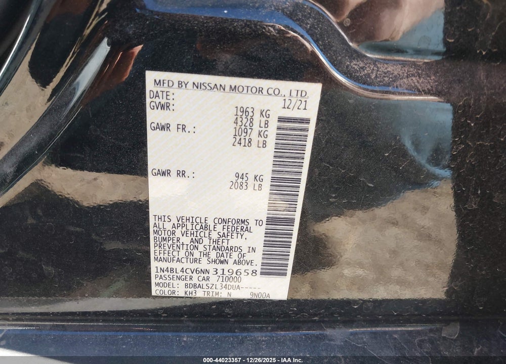 2022 NISSAN ALTIMA SR FWD VIN: 1N4BL4CV6NN319658