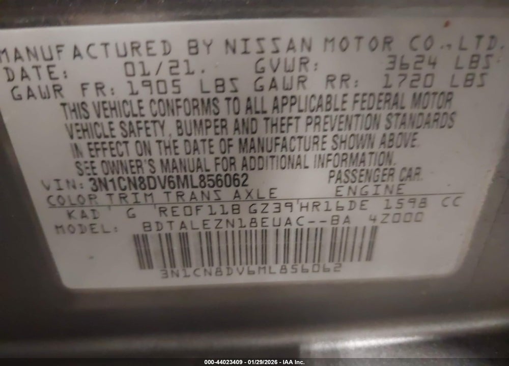 2021 NISSAN VERSA S XTRONIC CVT VIN: 3N1CN8DV6ML856062