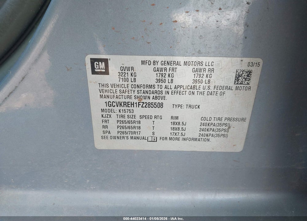 2015 CHEVROLET SILVERADO 1500 2LT VIN: 1GCVKREH1FZ285508