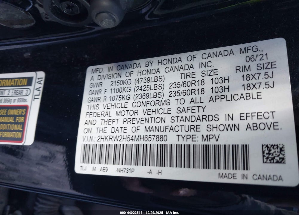 2021 HONDA CR-V AWD EX VIN: 2HKRW2H54MH657880