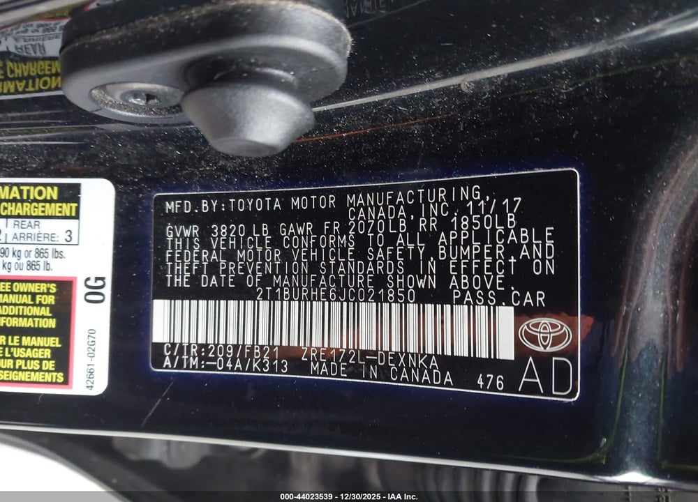2018 TOYOTA COROLLA LE VIN: 2T1BURHE6JC021850