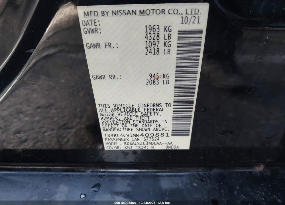 2021 NISSAN ALTIMA SR FWD VIN: 1N4BL4CV1MN409881
