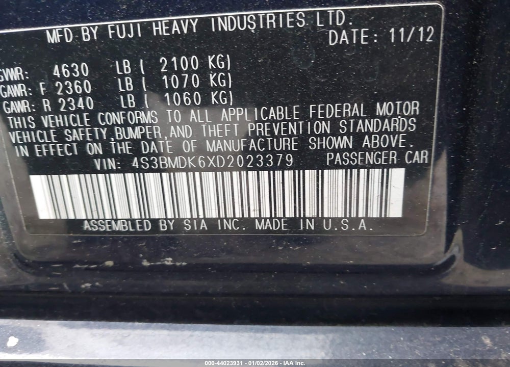 2013 SUBARU LEGACY 3.6R LIMITED VIN: 4S3BMDK6XD2023379