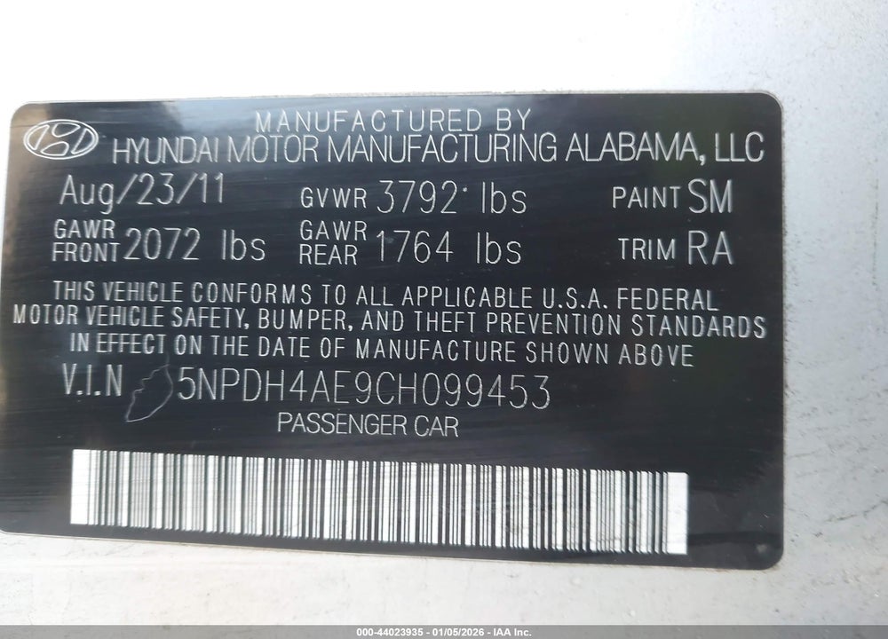2012 HYUNDAI ELANTRA GLS VIN: 5NPDH4AE9CH099453