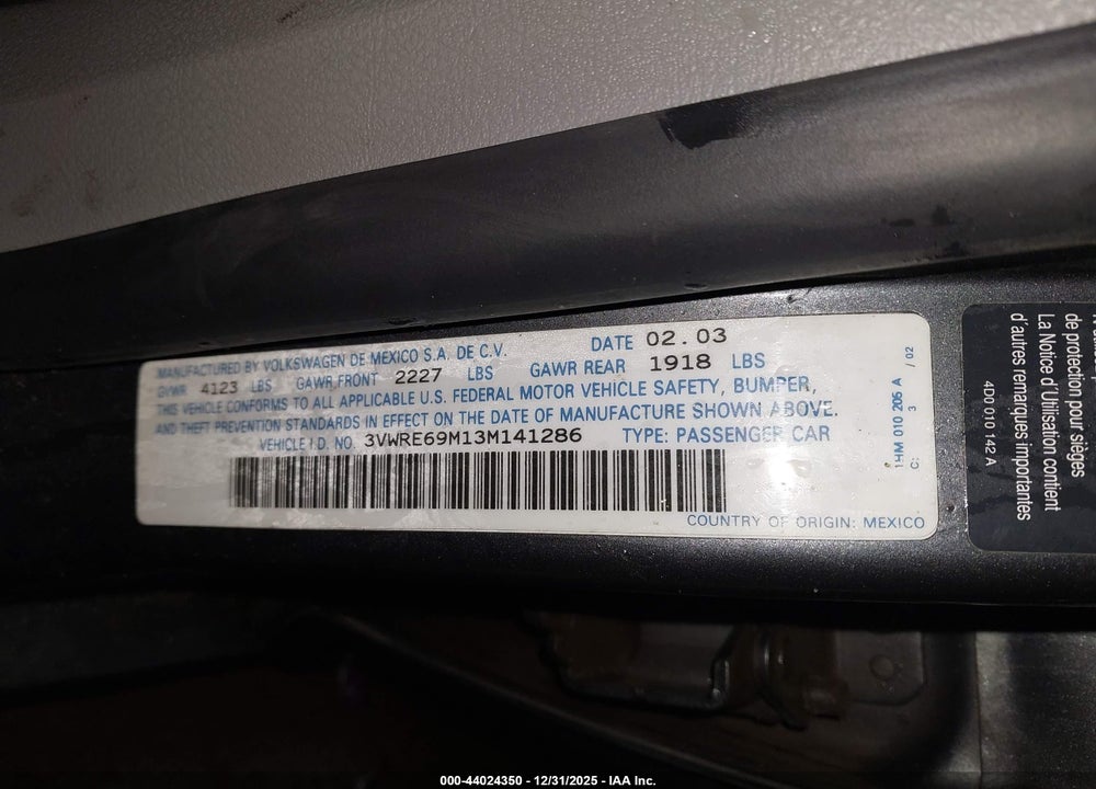 2003 VOLKSWAGEN JETTA GL 1.8T VIN: 3VWRE69M13M141286