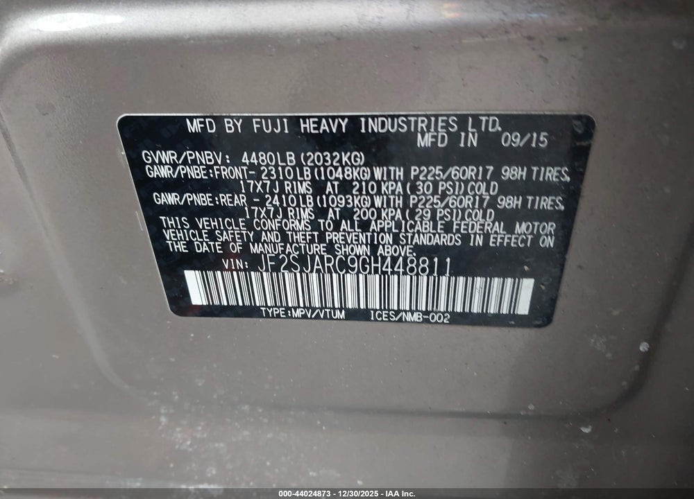 2016 SUBARU FORESTER 2.5I LIMITED VIN: JF2SJARC9GH448811