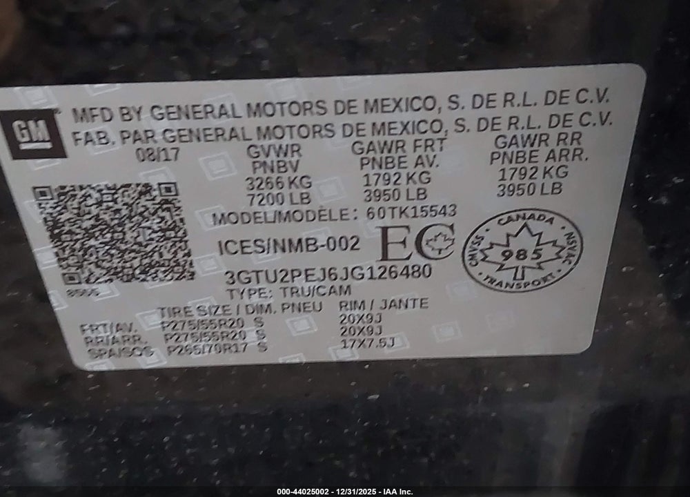 2018 GMC SIERRA 1500 DENALI VIN: 3GTU2PEJ6JG126480