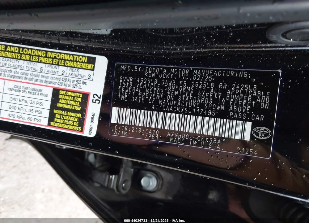 2025 TOYOTA CAMRY SE VIN: 4T1DAACKXSU117495