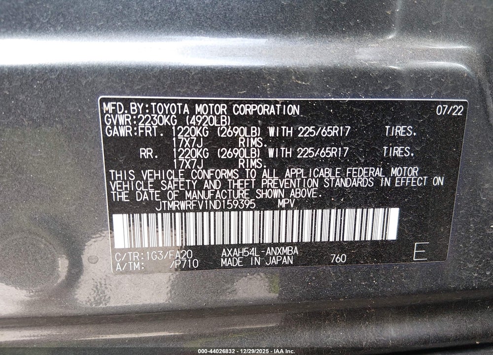 2022 TOYOTA RAV4 HYBRID XLE VIN: JTMRWRFV1ND159395