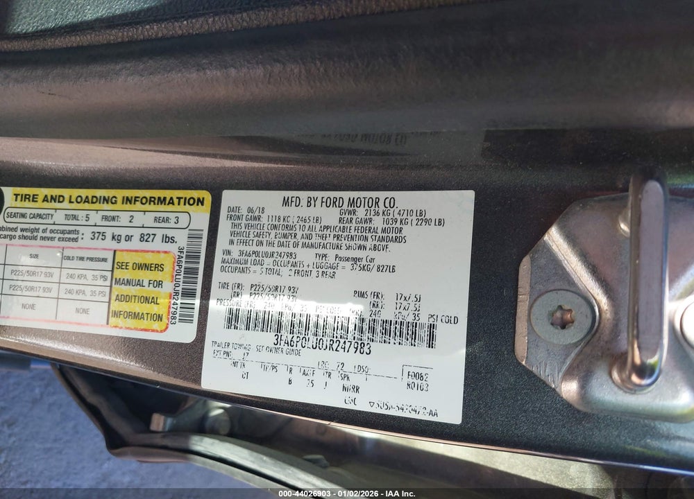2018 FORD FUSION HYBRID SE VIN: 3FA6P0LU0JR247983