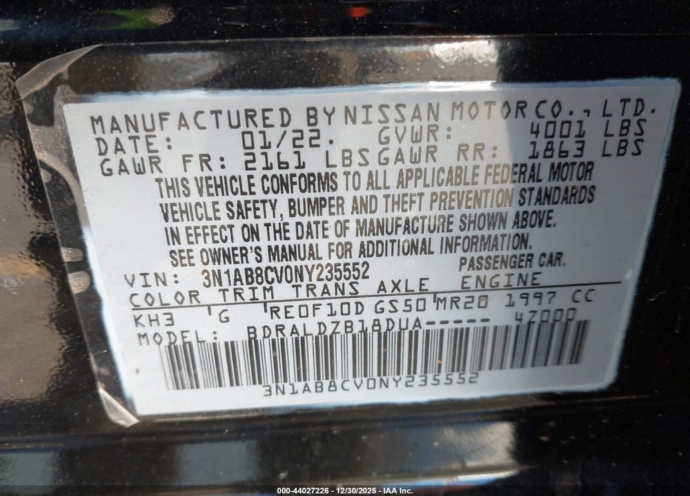 2022 NISSAN SENTRA SV XTRONIC CVT VIN: 3N1AB8CV0NY235552