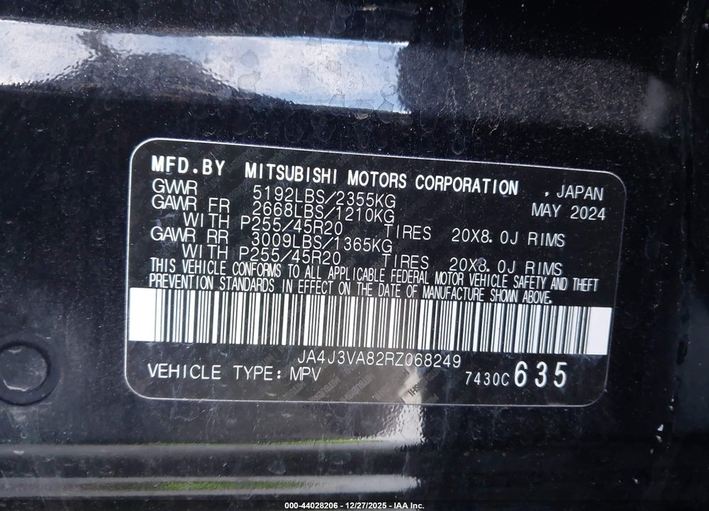 2024 MITSUBISHI OUTLANDER SE 2.5 2WD/SE BLACK EDITION S-AWC/SE BLACK EDITION W/PANO ROOF VIN: JA4J3VA82RZ068249