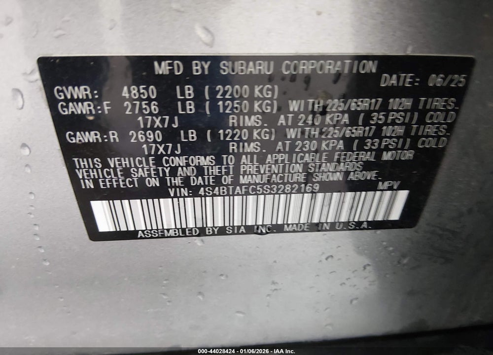 2025 SUBARU OUTBACK PREMIUM VIN: 4S4BTAFC5S3282169