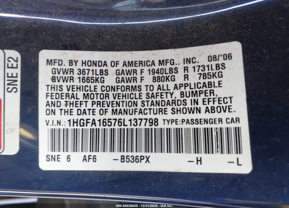 2006 HONDA CIVIC LX VIN: 1HGFA16576L137798