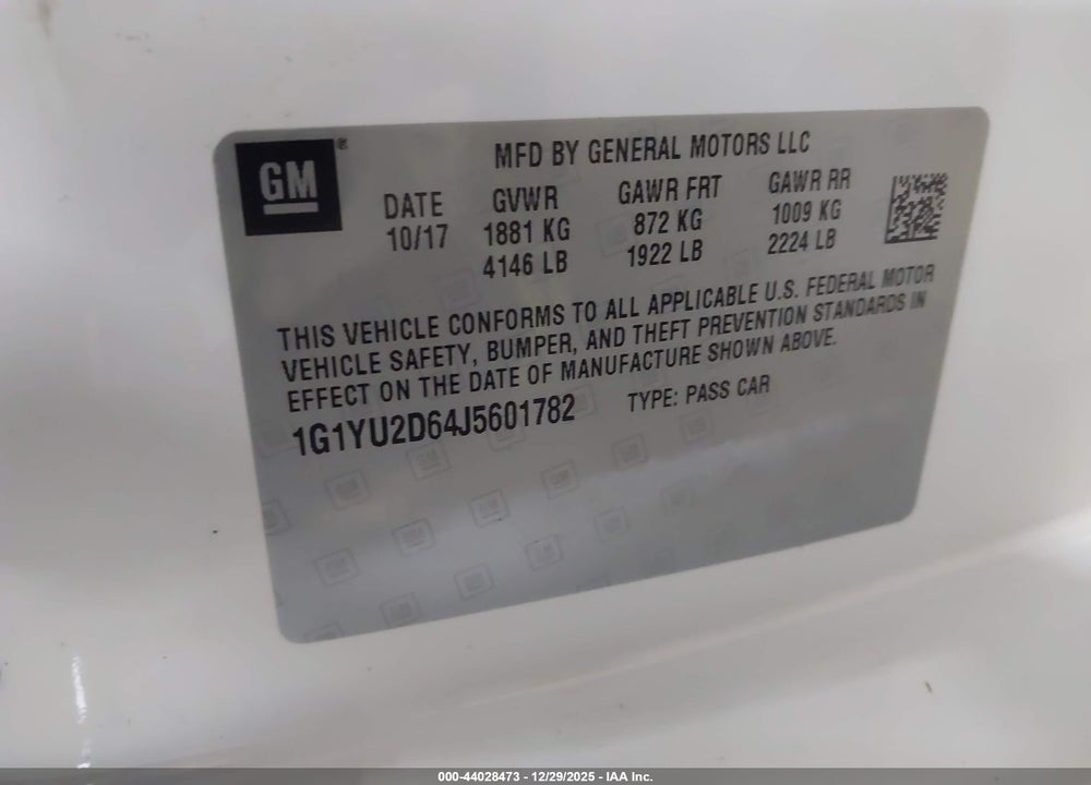 2018 CHEVROLET CORVETTE Z06 VIN: 1G1YU2D64J5601782
