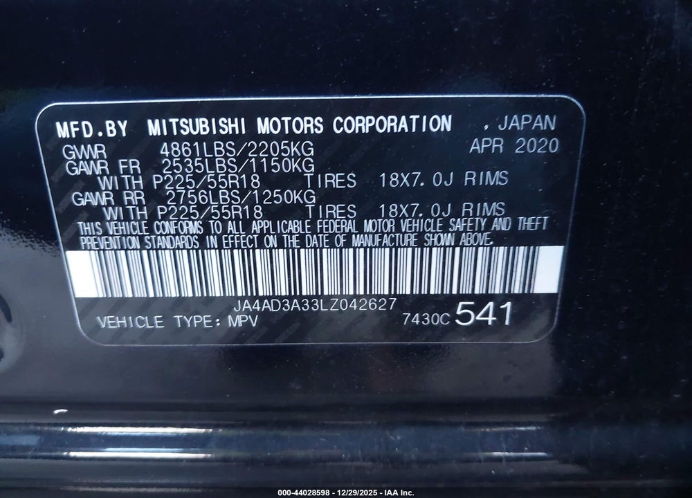 2020 MITSUBISHI OUTLANDER LE 2.4 VIN: JA4AD3A33LZ042627