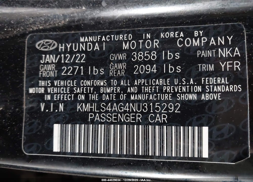 2022 HYUNDAI ELANTRA SEL VIN: KMHLS4AG4NU315292