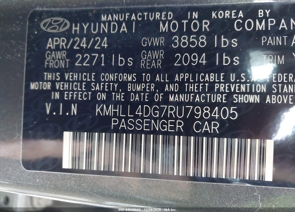 2024 HYUNDAI ELANTRA SE VIN: KMHLL4DG7RU798405