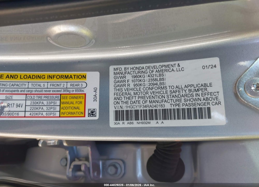 2024 HONDA ACCORD EX VIN: 1HGCY1F34RA040183