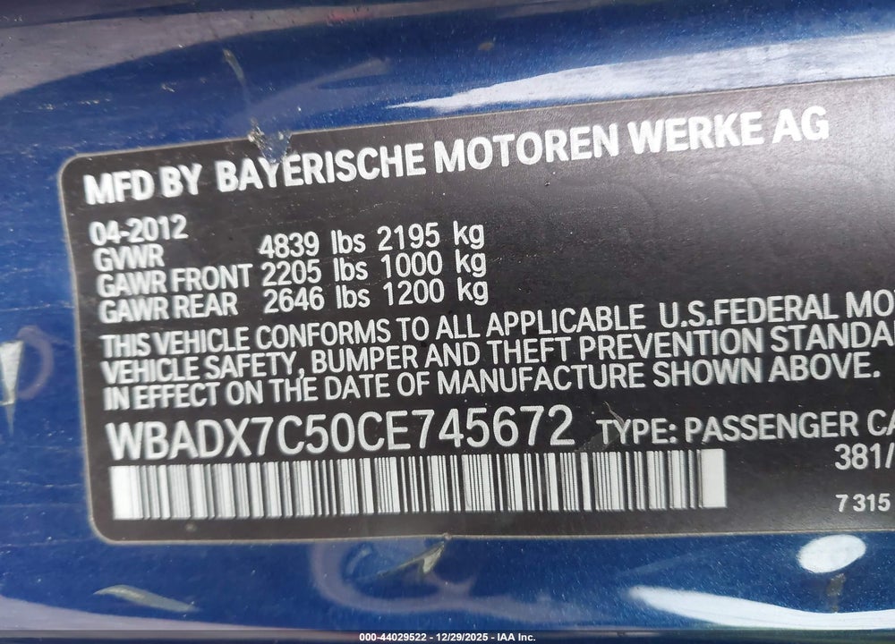 2012 BMW 335I VIN: WBADX7C50CE745672