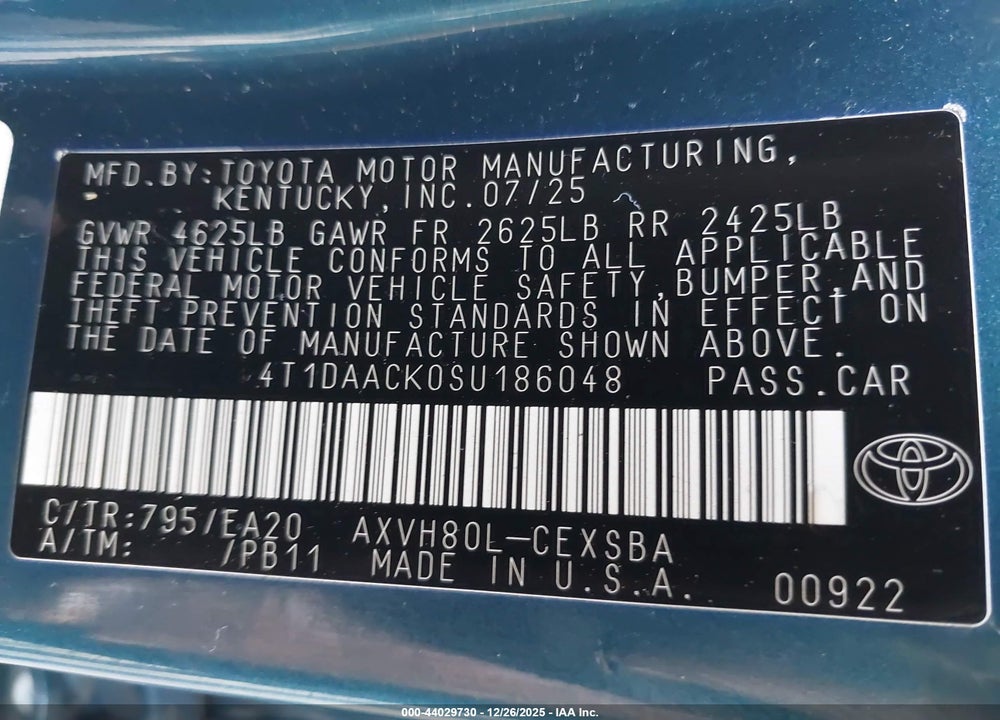 2025 TOYOTA CAMRY SE VIN: 4T1DAACK0SU186048