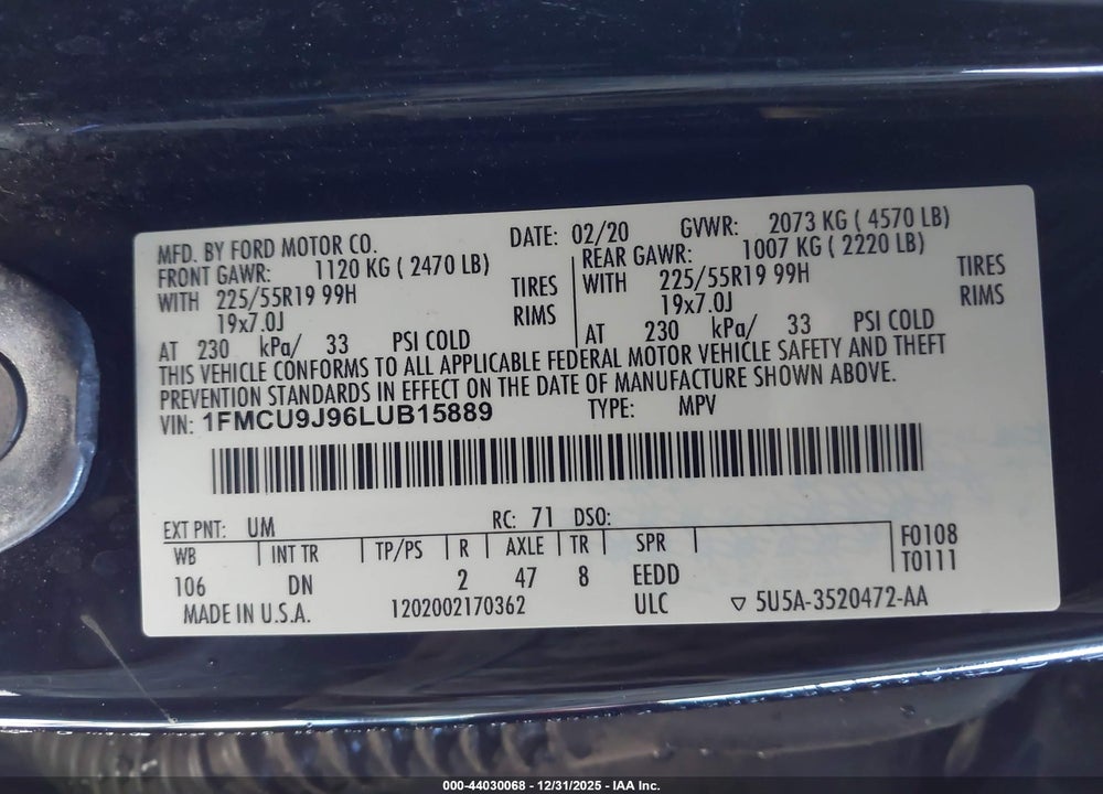 2020 FORD ESCAPE TITANIUM VIN: 1FMCU9J96LUB15889