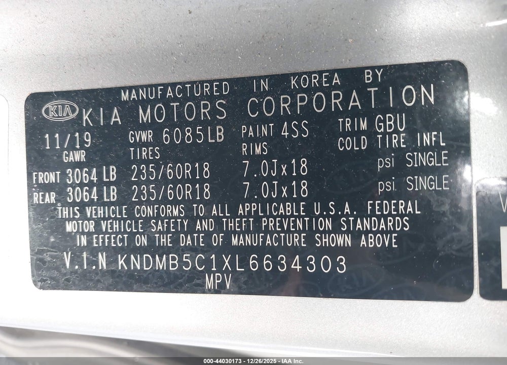 2020 KIA SEDONA EX VIN: KNDMB5C1XL6634303
